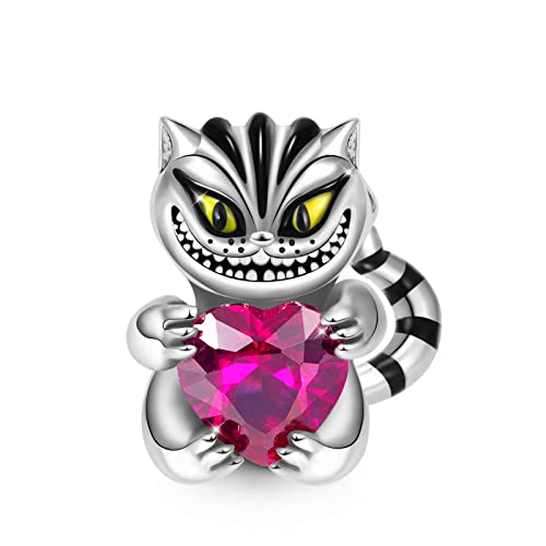 GNOCE Cheshire Cat Heart Gemstone Charm Bead Sterling Silver Christmas Charm Fits Bracelets/Necklace For Women/Wife Gift
