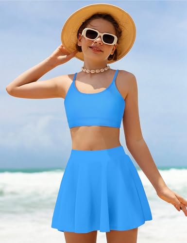 Girls Swimsuits Solid Color Bathing Suits + Pleated Skirts with Shorts 2 Piece Kids Bikini Set3