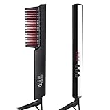 Braiton Peine Alisador Barba, Cepillo Alisador de Pelo Ionico 2 in 1, Pantalla LED, PTC Cerámica Calefacción en 30s, Anti-Quemaduras, 6 Temperaturas Regulable,Negro