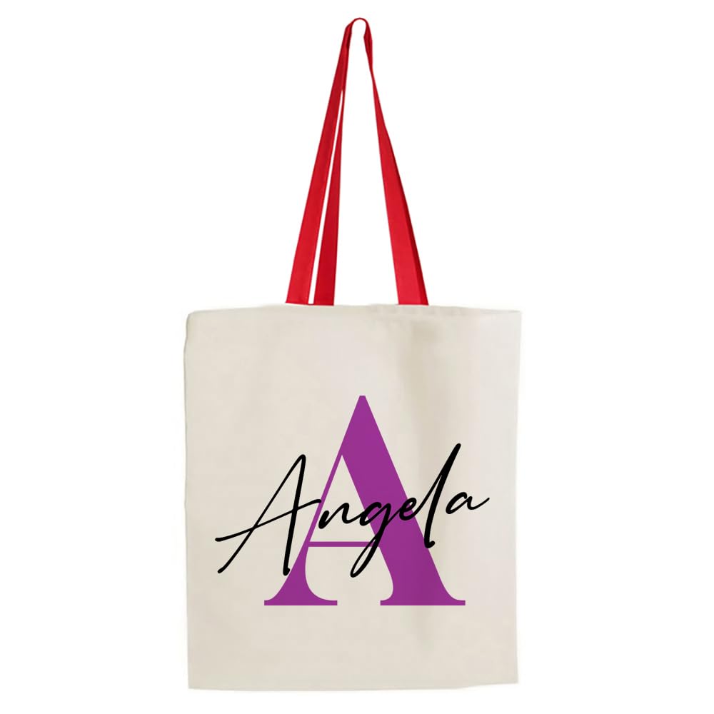 Getagift Personalised Tote Initial with Name, Alphabet Tote, Reusable Bag, Shopping Bag, Tote Bag. (Red Handle)