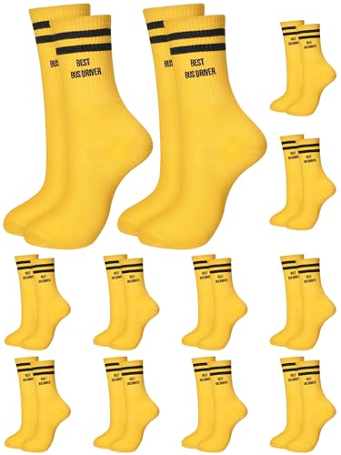 Halfchet 12 Pairs Best Bus Driver Socks School Bus Driver Appreciation Gifts Bulk Yellow and Black Stripes Embroidered Novelty Occupation Crew Socks Graduation End of Year Gifts for Men Women