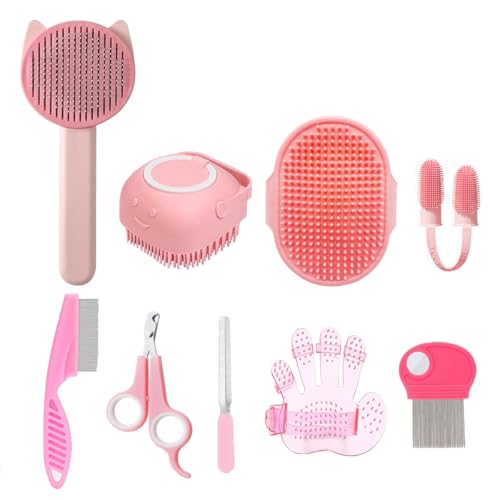 9PCS Cat Brush Cat Grooming Kit, Self-Cleaning Brush Removes Loose Hair, Bath Brush, Massage Glove, Nail Clipper, Flea Comb (9PCS)
