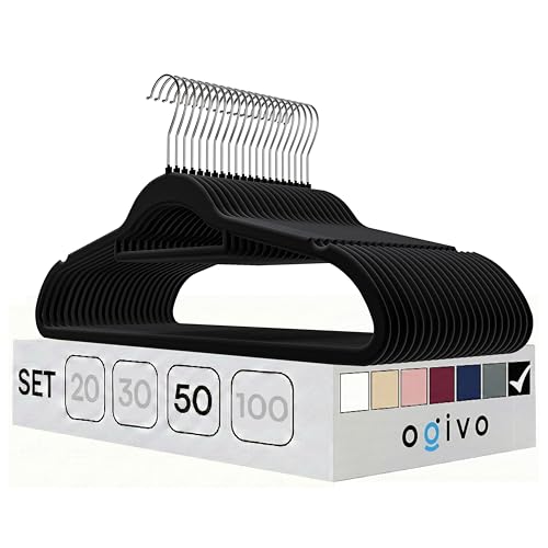 OGIVO Kleiderbügel Samt 50er Set Hosenbügel rutschfest Bügel aus Samt für Ihre Garderobe Samtkleiderbügel 360 drehbarer Haken Krawattenhalter & Schulterkerben Hangers Clothes (Schwarz)