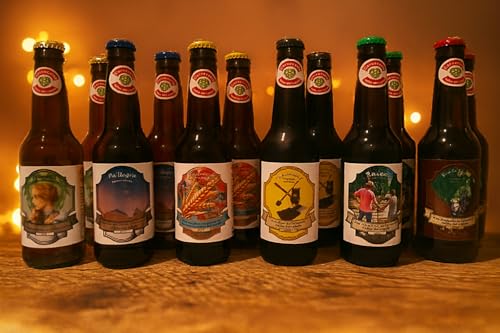 Valles del Lúpulo Cerveza Artesanal (12 Unidades de Cervezas Variadas para Regalo) (2 Unidades de Cada una de las 6 Variedades) - Pilsen, Amber Ale, Nitro-IPA, Grape Ale, Stout, Weissbier sin Gluten