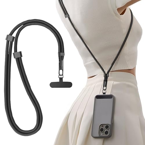 [seninhi] スマホストラップ 首掛け/斜め掛け/肩掛け 装着長さ40cm~80cm 瞬時の着脱で便利 長さ調節自由 ロックは360°回転するので スマホ全機種対応 タグパッチ ネックストラップ ショルダー 盗難防止 落下防止 散歩 通勤 通学 旅行 (ブラック)