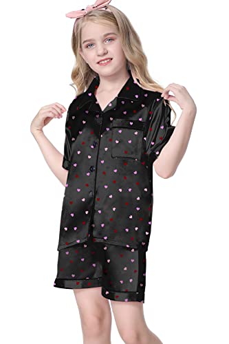 Image of Umeyda Women & Girls Pajamas Set, 2 Piece PJS Satin Silk Sleepwear Button-Down Top with Shorts for Mom Kids Gifts