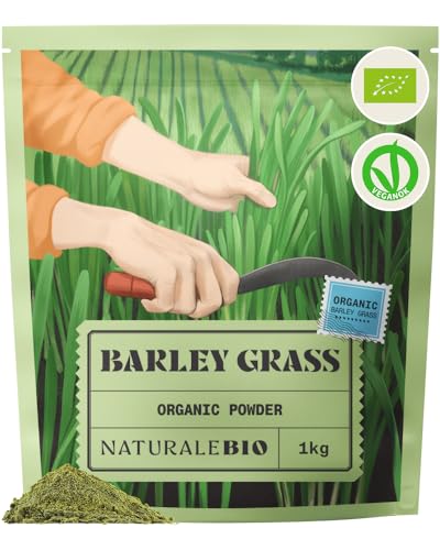 NaturaleBio Raw Organic Barley Grass Powder 1kg. Bio Natural and Pure Grown in Europe. Ideal for Green juices Smoothies and Recipes. Suitable for Vegetarians and Vegans