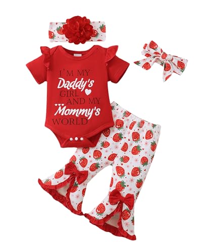 Image of SUNNY PIGGY Newborn Baby Girl Clothes Infant Outfits Romper Floral Fall Outfit Bell Bottoms Pant Sets Hat Headband Flowerpant Red 0-3M