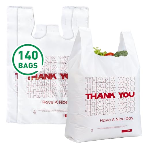 Soeos Thank You Plastic Bags, 140 Count, 11.5' x 6.5' x 21' White Shopping Bag with Handles for...