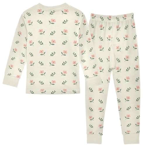 Cartoon Pajamas Set Flowers Leaves Light Beige Pattern Long Sleeve PJs Cotton Jammies Sleepwear Top and Pants2