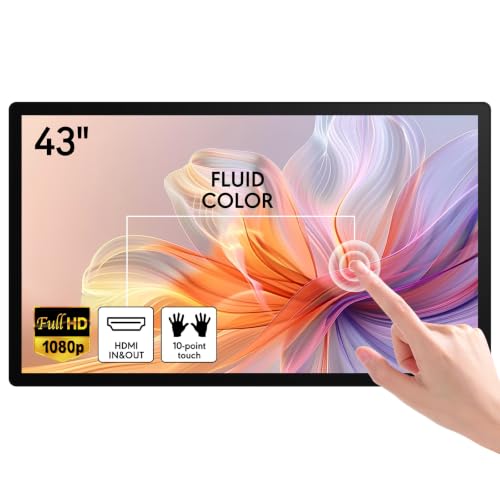 Image of 43 Inch Capacitive Multi Touch Industrial Touch Screen Monitor, 1920x1080 FHD 16:9 Digital Signage Display with Built-in Speakers, HDMI VGA DVI USB Ports, Commercial Advertising Kiosk Media Player