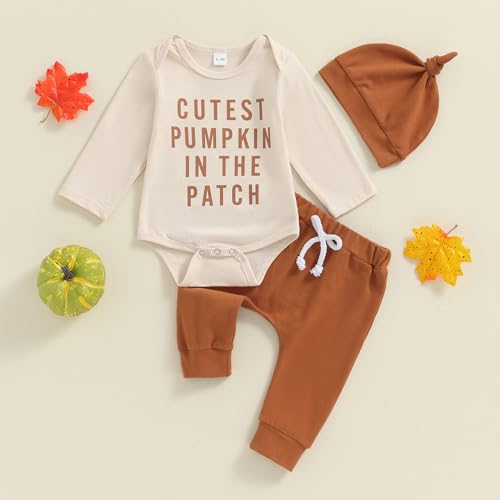 3Pcs Baby Boys Halloween Outfit Long Sleeve Crew Neck Pumpkin Letters Print Romper Pants Set and Hat Clothes Set2