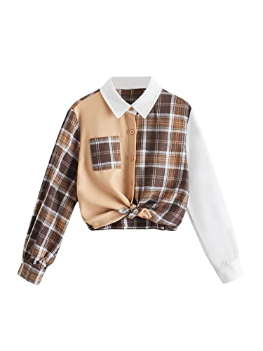 WDIRARA Girl's Plaid Color Block Button Down Shirt Long Sleeve Pocket Blouse Preppy Top