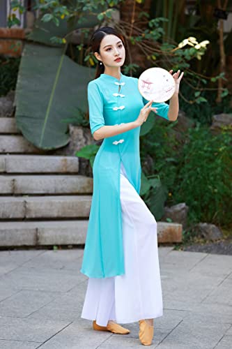 Angcoco Women's Traditional Cheongsam Style Half Sleeved Dress+Inner Camisole+Chiffon Pants Set3