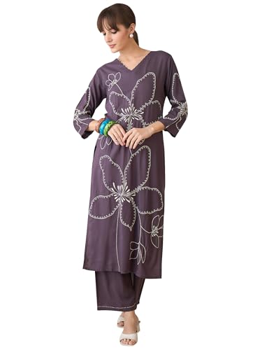 Image of INDO ERA Women's Straight Viscose Rayon Floral Embroidered Kurta & Palazzo Set (IESTR9981)