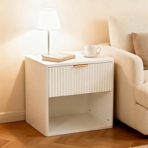 Image of Pamapic Fluted Pantry with Drawer, Modern Side Table with Storage, White