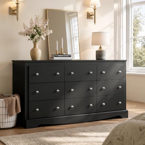 WLIVE 63" Dresser for Bedroom, Modern 9 Drawer Dresser with Exclusive Anti-Tip Structure, Large Wooden Chest of Drawers with Metal Handles for Living Room, Hallway, Closet, Home Furniture, Black