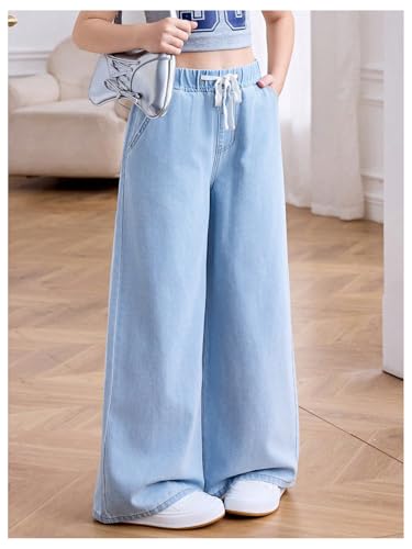 Girl's Wide Leg Jeans Drawstring Waist Baggy Denim Pants Casual Long Trousers with Pockets4