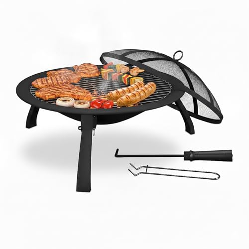 Relaxdays Brasero, Cuenco de 51 cm Ø, Patas Plegables, Rejilla para Asar, Antichispas, Atizador, Barbacoa Jardín, Negro