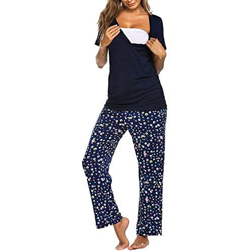 Conjunto de camiseta larga, traje de maternidad de lactancia, mangas + pantalones a rayas, pijama para mujer, conjunto de maternidad y traje de invierno para mujer, forro polar, Marine-1., S