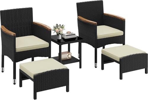 Yaheetech 5er Set Rattan Gartenmöbel Balkonmöbel Terassenmöbel Außen Kleiner Balkon mit 2 Einzelsofas & 2 Fußhocker & 1 Kaffeetisch, Schwarz & Beige