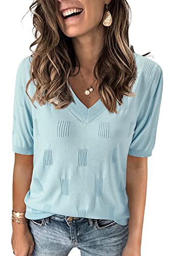 Image of Arach&Cloz Women's Lightweight Spring Summer Sweater Tops Casual Short Sleeve Blouses Shirts