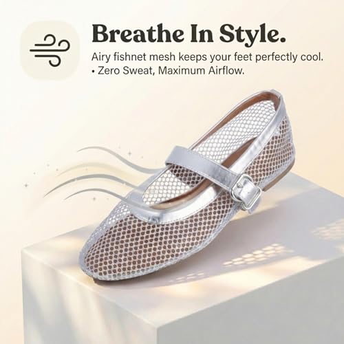 Image of EMMA NEW YORK Mesh Ballet Flats for Women, Mary Jane Mesh Ballet Flats Shoes for Women with Buckle Strap