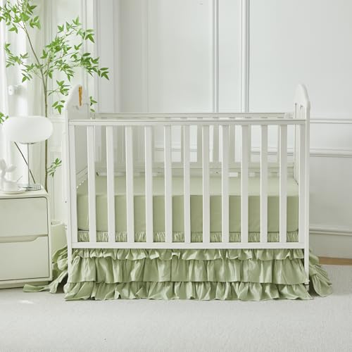 Image of Brandream Crib Skirt Triple Layer Cotton Nursery Bed Skirt for Baby Girls Boys Toddler Bedskirt Solid Color Light Green Dust Ruffle Gender Neutral Farmhouse Chic Boho Bohemian Skirt