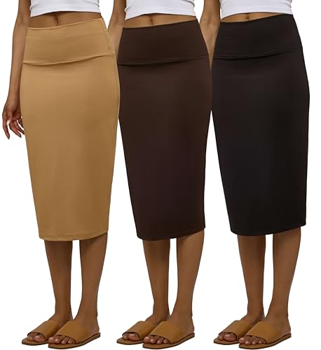 Real Essentials 3 Pack: Womens Soft Midi Skirt – High Waisted Pencil Work Office Business Casual Skirts with Back Slit Plus