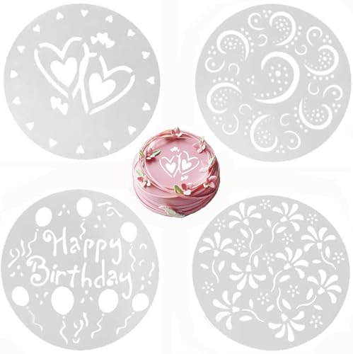 Bessy shop Plantillas para Tarta,4pcs Happy Birthday Cupcake Stencils Decorating Flower,Plantillas de Aerosol de Flores para Tartas,Pasteles de Plástico Plantillas,para Decorar Pasteles