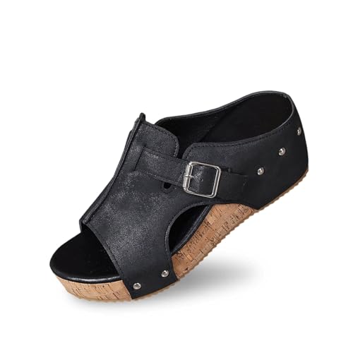 Dasongff Sandalias Mujer Cuero Verano Cómodo Cuñas Transpirable Antideslizante Sandals Bohemia Sandalias Ortopédicas Punta Abierta Plantillas Gruesas Zapatos de Playa, C Negro, 39 EU