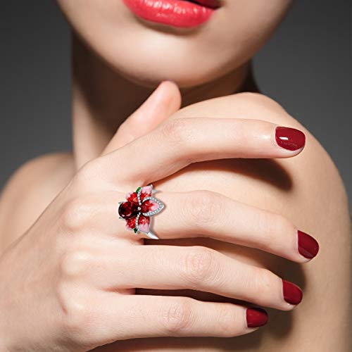 Uloveido Beautiful Red Enamel Rose Ring for Women Blossom Flower Rings with Pear Cut Cubic Zirconia Cocktail Summer Ring RA6272