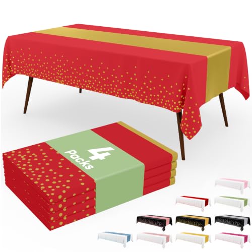 Image of Smiry Plastic Table Cloth Disposable 4 Pack, 54 x 108 Inch Rectangle Waterproof Tablecloth, Printed Gold Table Runner Style for Birthday Weeding, Party Decorations, Leakproof & Sturdy, Gold and Red
