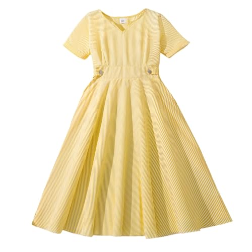 Girls Summer Ruffle Midi Dress Tiered Swing A-Line Pleated Cotton Solid Tunic Dresses for Teen Kids Casual Outfits