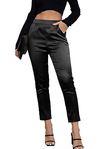 Women's Silky Satin Wedding Dressy Casual Elastic Waist Pants Party Club Wear Trousers2
