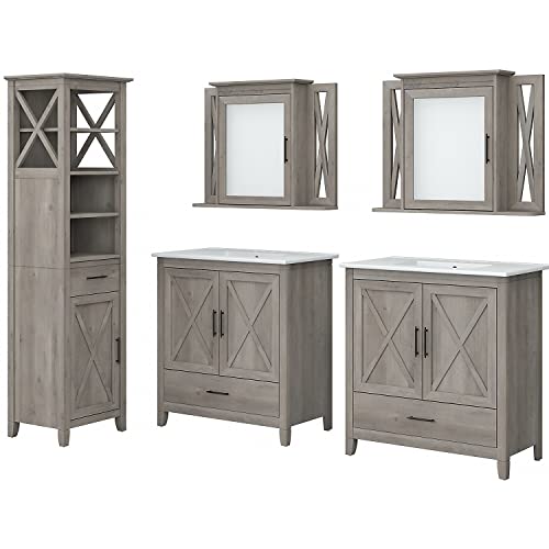 Bush Furniture Key West 64W Double Vanity Set with Sinks, Medicine Cabinets and Linen Tower in Driftwood Gray