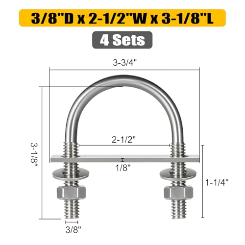 Image of 4 Sets Round U Bolts, u-Bolts 2-1 /2 Inch Wide, 304 Stainless Steel U Bolt,with Nuts,Bolt Plate and Washers for Boat Trailer Tube(3 /8 inch D x 2-1 /2 inchW x 3-1 /8 inchL)