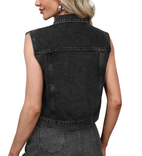 DvaeMalligo Women's Cropped Denim Vest Top Button Down Sleeveless Jean Jacket Waistcoat Gilet with Pockets2