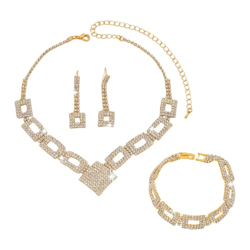 XFSRG Joyería Mujer 3 Piezas Conjunto Collar en V Pulsera y Pendientes con Strass Acabado en Oro Ideal para Bodas Noches y Looks Elegantes