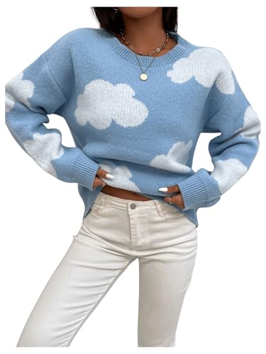 SHENHE Women's Crewneck Drop Shoulder Cloud Pattern Casual Sweater Pullover Jumper4