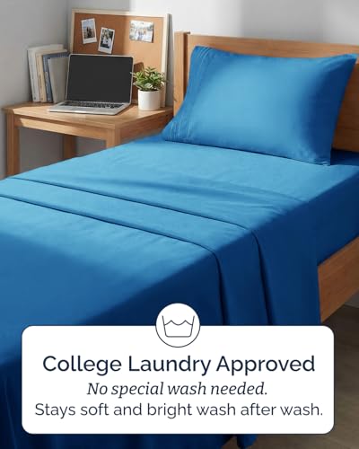 Image of Twin XL 4 Piece Sheet Set - College Dorm Room Essentials - Royal Blue | Ultra Soft Dorm Bedding Set, 8 inch to 16 inch Inch Deep Pockets, 1 Flat & 1 Fitted Sheet & 2 Pillowcases, Wrinkle & Fade Free