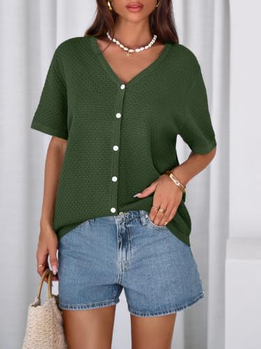 Image of NALANISA Women's Short Sleeve Sweater Spring Summer Crochet Knit Tops 2026 V Neck Striped Button Down Dressy Casual Blouses