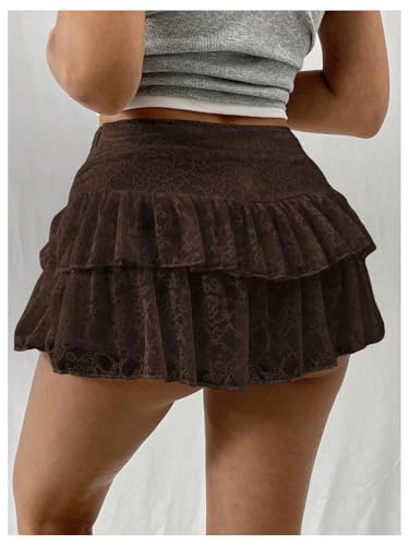 SHENHE Women's Y2k Lace Layered Mini Skirt Ruched A Line Cute Tiered Ruffle Skirt3