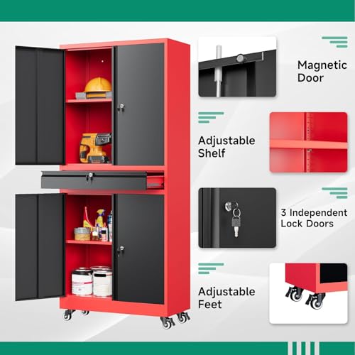 Image of Letaya Metal Garage Storage Cabinet with Wheels,Rolling Tool Cabinet with Adjustable Shelves and Drawer for Garage Home Utility Room (Red)