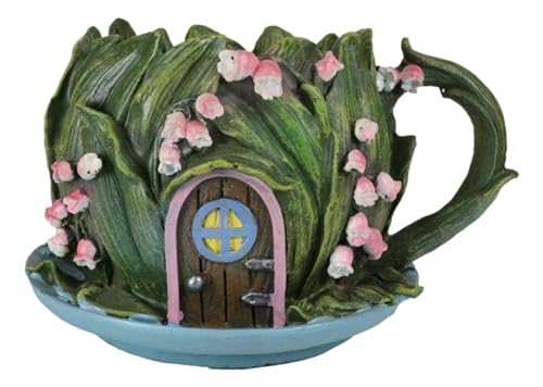 Ebros Gift Enchanted Fairy Garden Green Forest Leaf Foliage Cottage Nook Tea Cup Shaped Home Floral Planter or Vase Figurine 7.25' Long Mini Do It Yourself Ideas Fantasy Fairies Pixies Gnomes