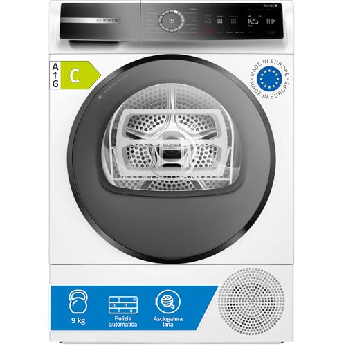 Bosch WQB245B0IT Serie 8 Asciugatrice smart a pompa di calore, 9 kg, Classe energetica C, Condensatore autopulente, Cestello per capi in lana, Sensori di asciugatura intelligenti, Bianco, 60 Cm