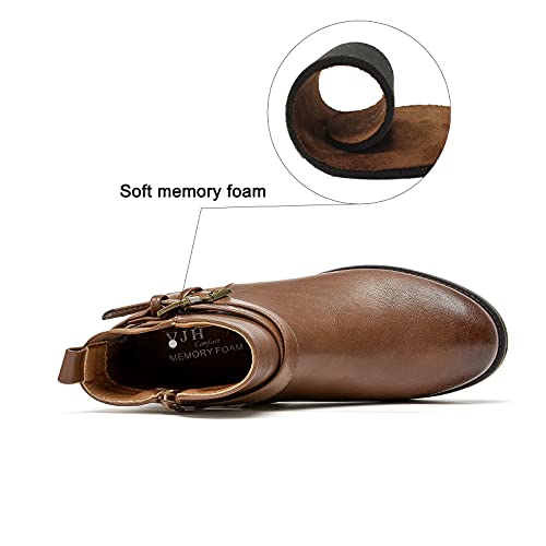 VJH confort Women's Ankle Boots,Round Toe Low Heel Comfort Elastic Booties with Side Zipper Buckle Strap3