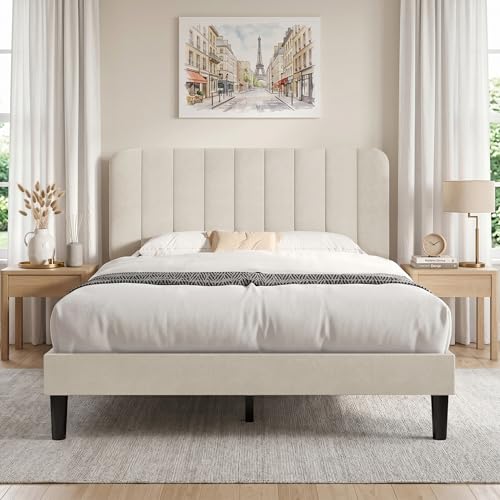 Image of VECELO Full Size Bed Frame with Upholstered Headboard, Velvet Platform Bedframe Mattress Foundation, Strong Wood Slat Support, No Box Spring Needed,Bone Beige