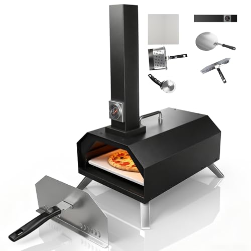 Karinear Horno pizza pellets, exterior y portátil, horno multicombustible para pizzas, pescado y más, con termómetro, bolsa de transporte y piedra para pizza de 12 pulgadas.