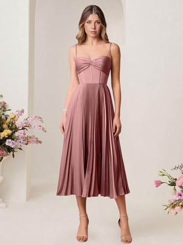 Aoruisen Spaghetti Straps Bridesmaid Dresses for Women Satin Tea Length Pleated Formal Midi Dress2